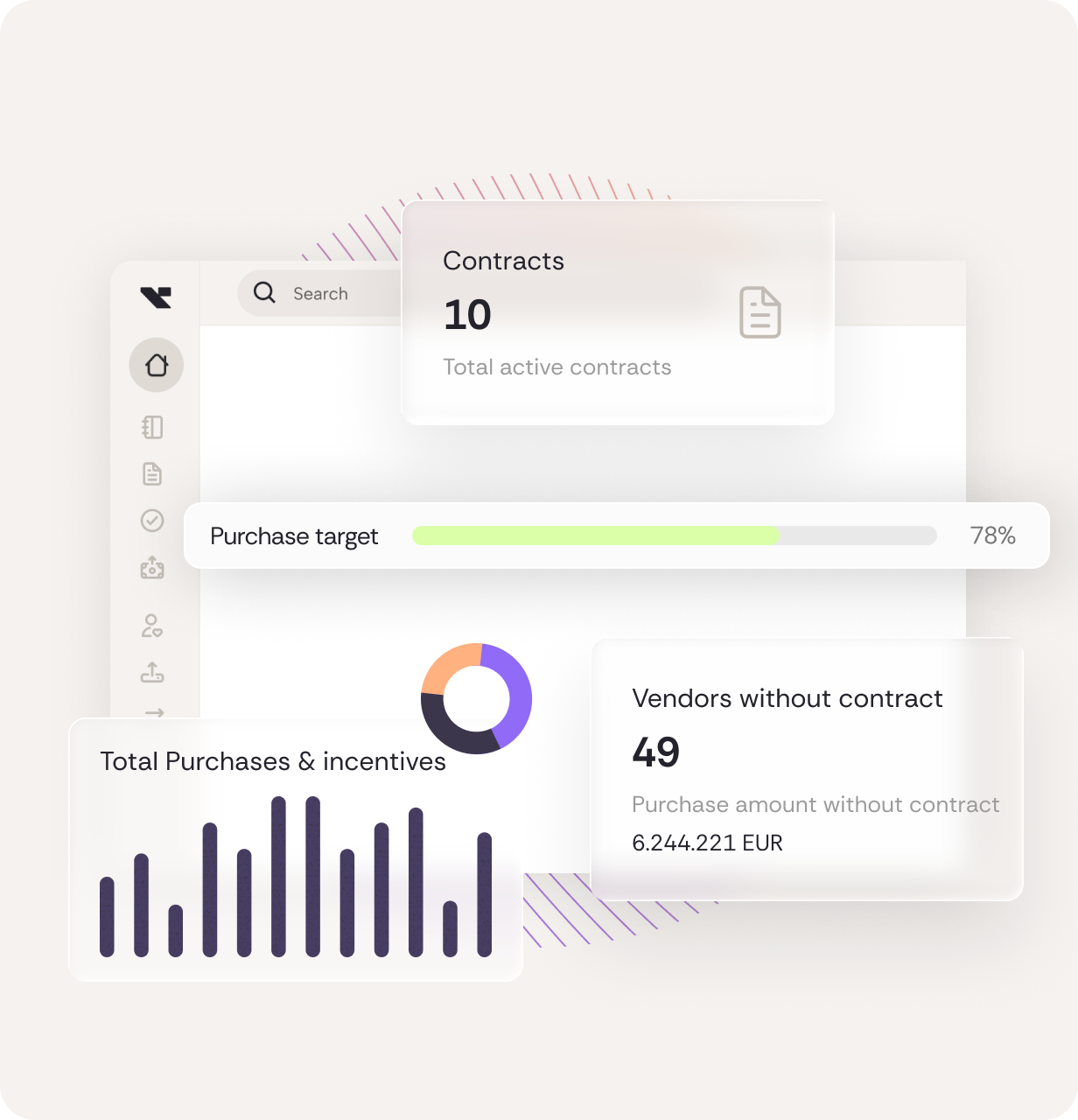 Vendortell dashboard home — live contract overview with purchase target, contracts, vendors without contract, and incentive breakdown