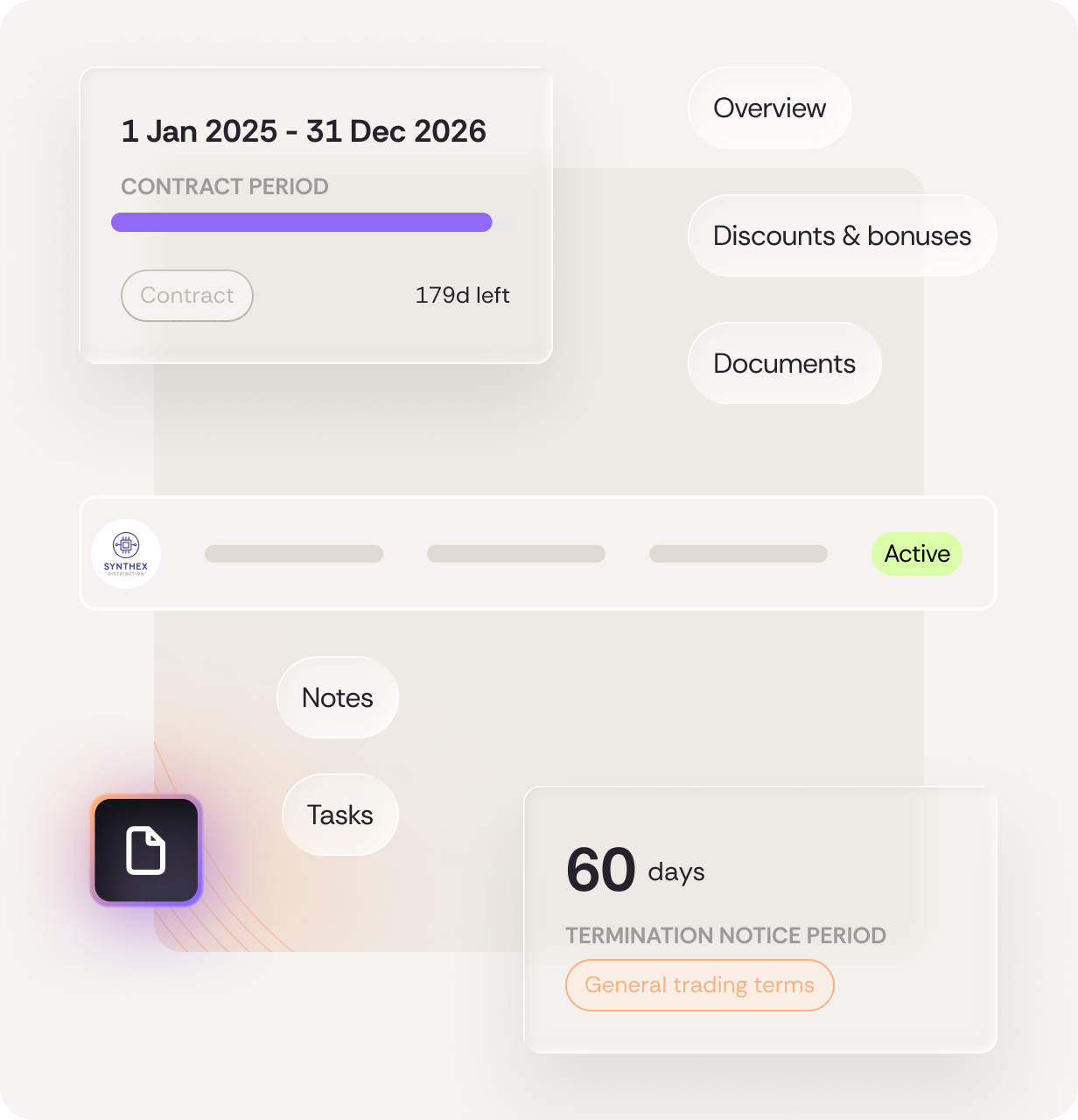 Vendortell contract repository — single contract view with period, discounts, tasks, documents and termination notice